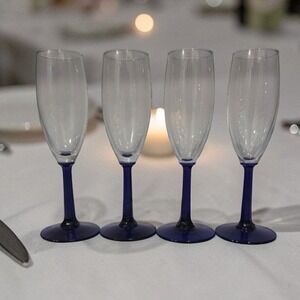Cobalt Blue‎ Stem Champagne Flutes, Set of 4, Hexagonal Stemware, Replacement